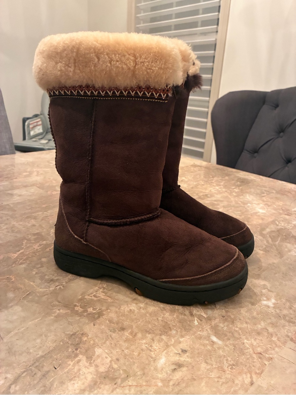 UGG Tall Leather and Sheepskin Leather Brown Suede Shearling-Trim Winter Boots